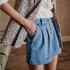 Sezane Wallace High Waist Cuffed Shorts - Blue denim / Size 6 / EU 38